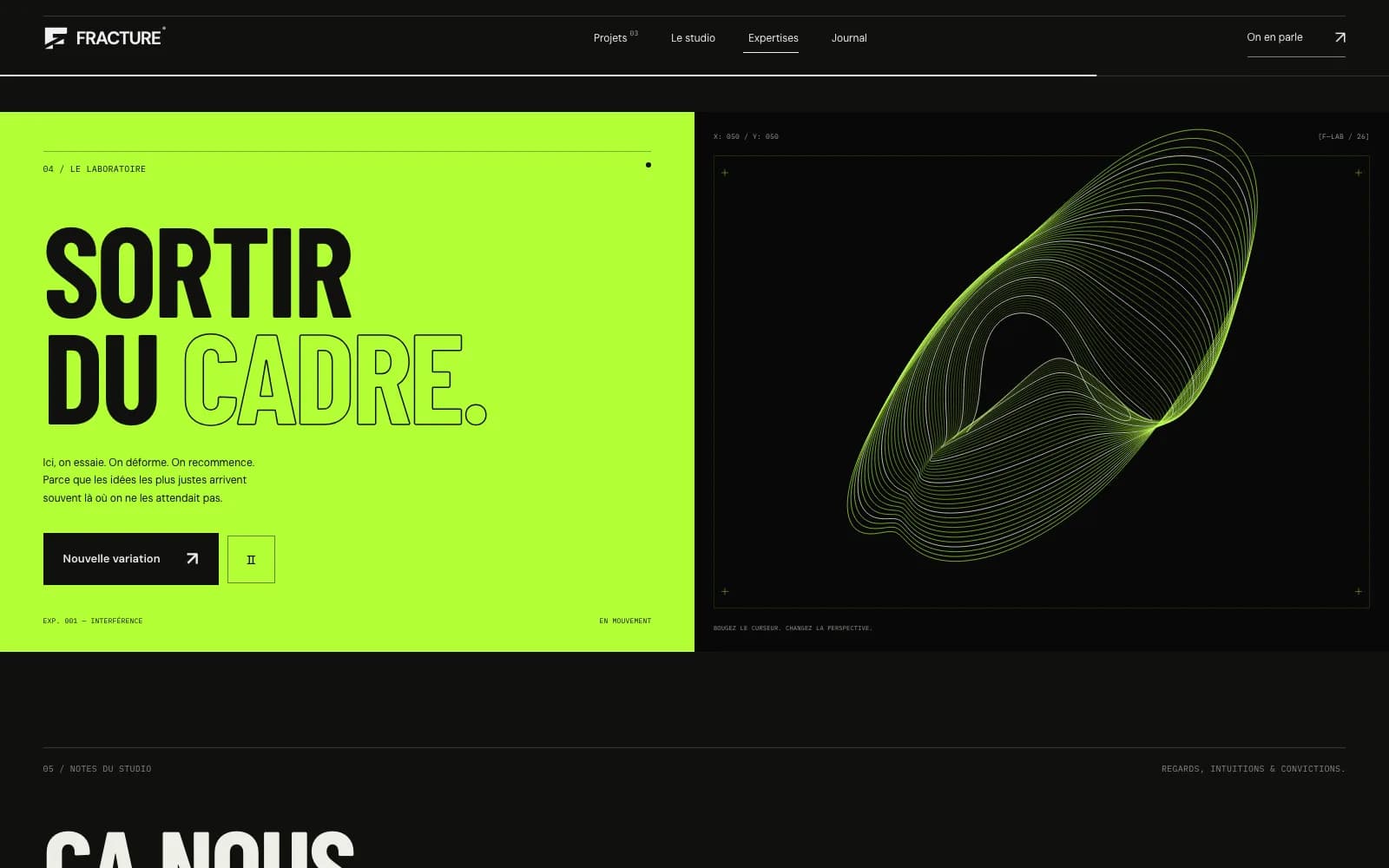 Le laboratoire du site FRACTURE : le titre « Sortir du cadre. » sur fond vert acide et une forme générative en lignes vertes.