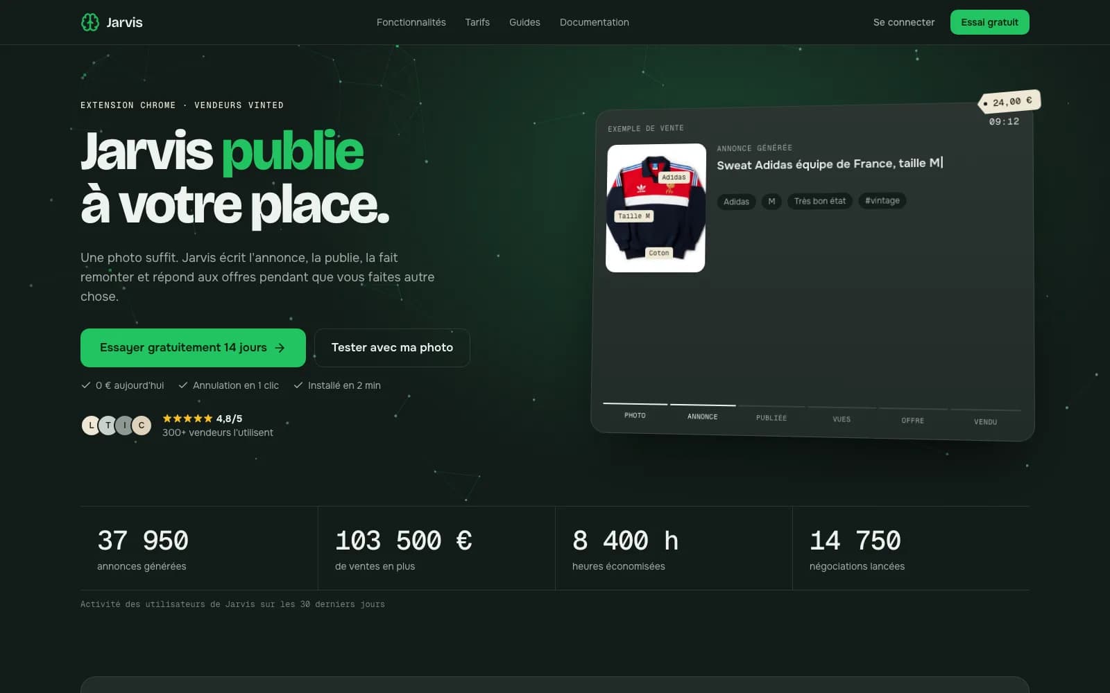 Accueil du site Jarvis : le titre « Jarvis publie à votre place. » à côté d’un exemple d’annonce Vinted générée à partir d’une photo.
