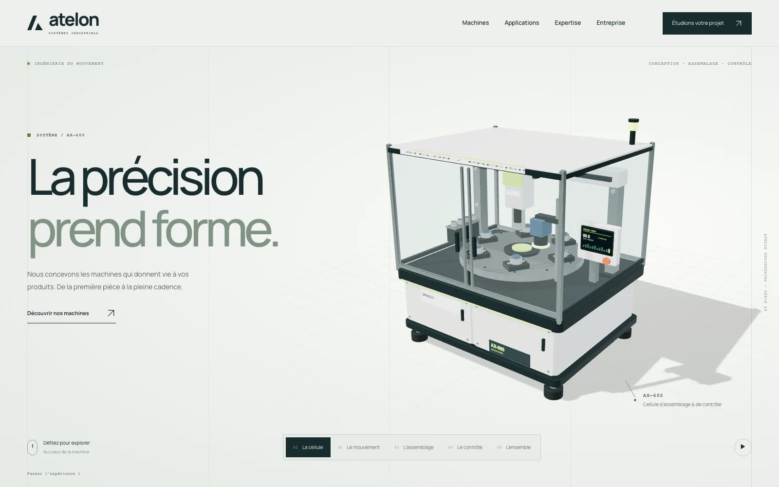 Accueil du site de démonstration ATELON : le titre « La précision prend forme. » et une cellule d’assemblage industrielle en 3D.