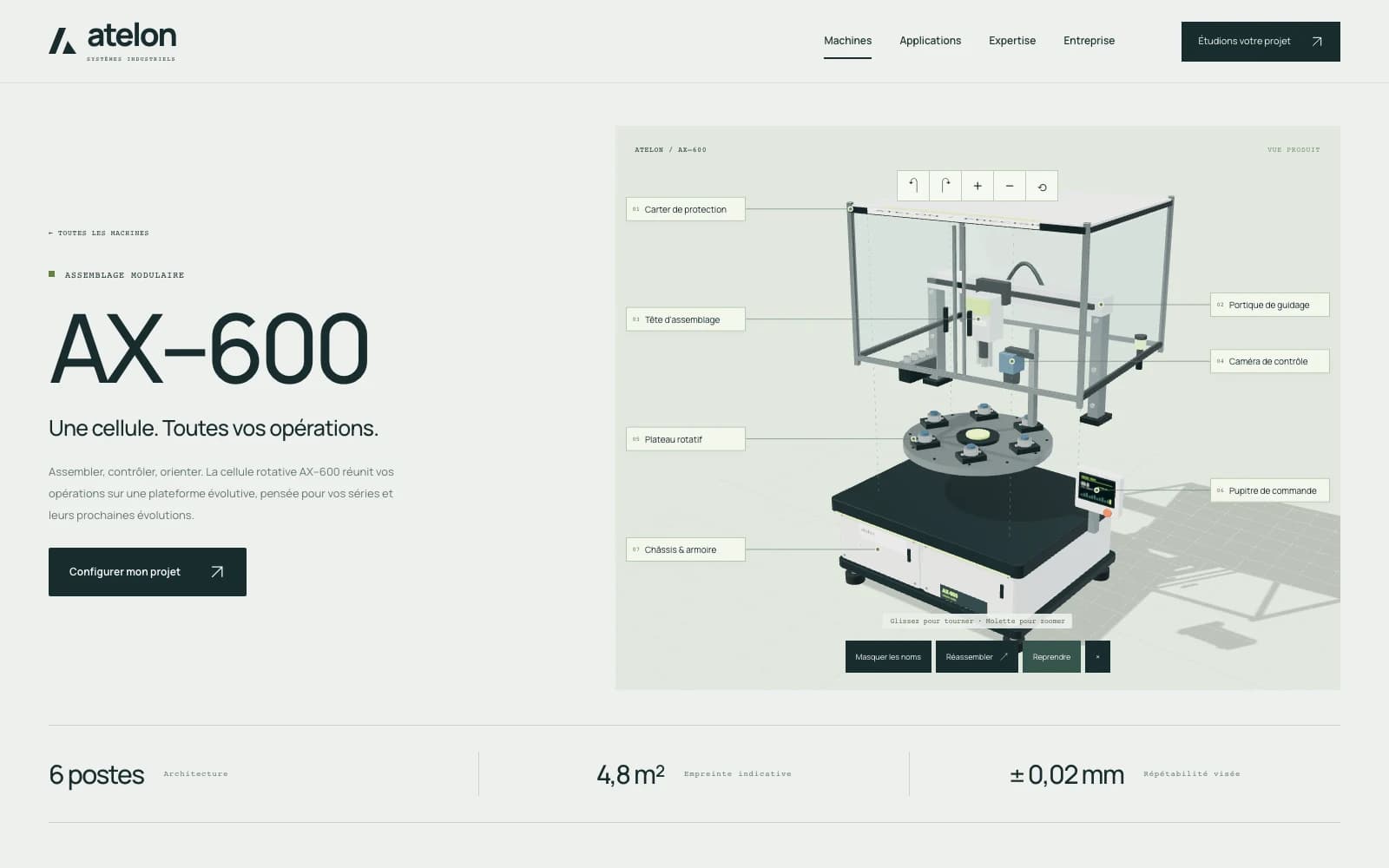 Fiche de la machine AX–600 du site ATELON : vue 3D éclatée, noms des composants et commandes de rotation et de zoom.