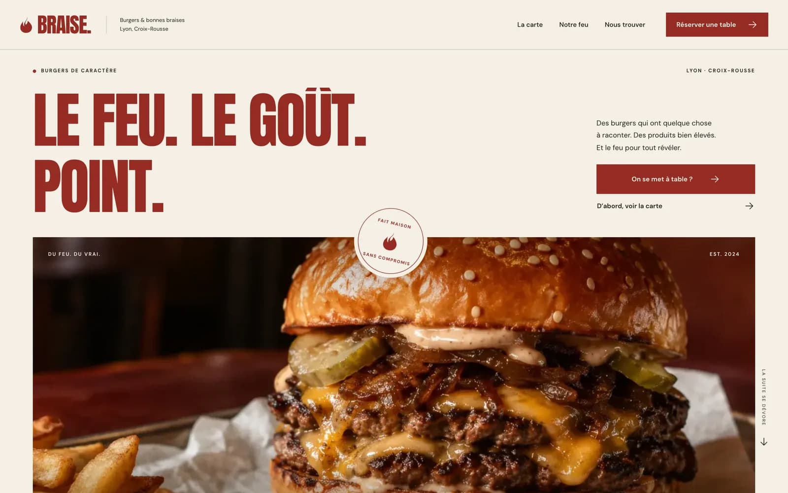 Accueil du site de démonstration BRAISE : le titre « Le feu. Le goût. Point. » au-dessus d’un burger.