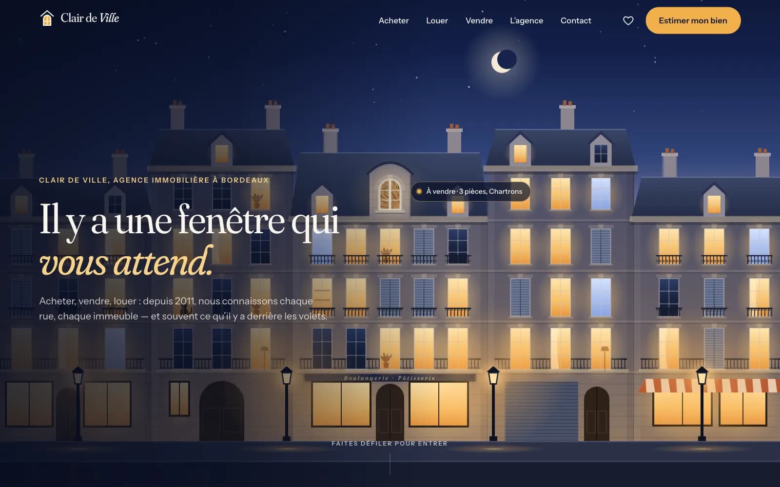 Accueil du site de démonstration Clair de Ville : une rue de Bordeaux de nuit, fenêtres allumées, et le titre « Il y a une fenêtre qui vous attend ».