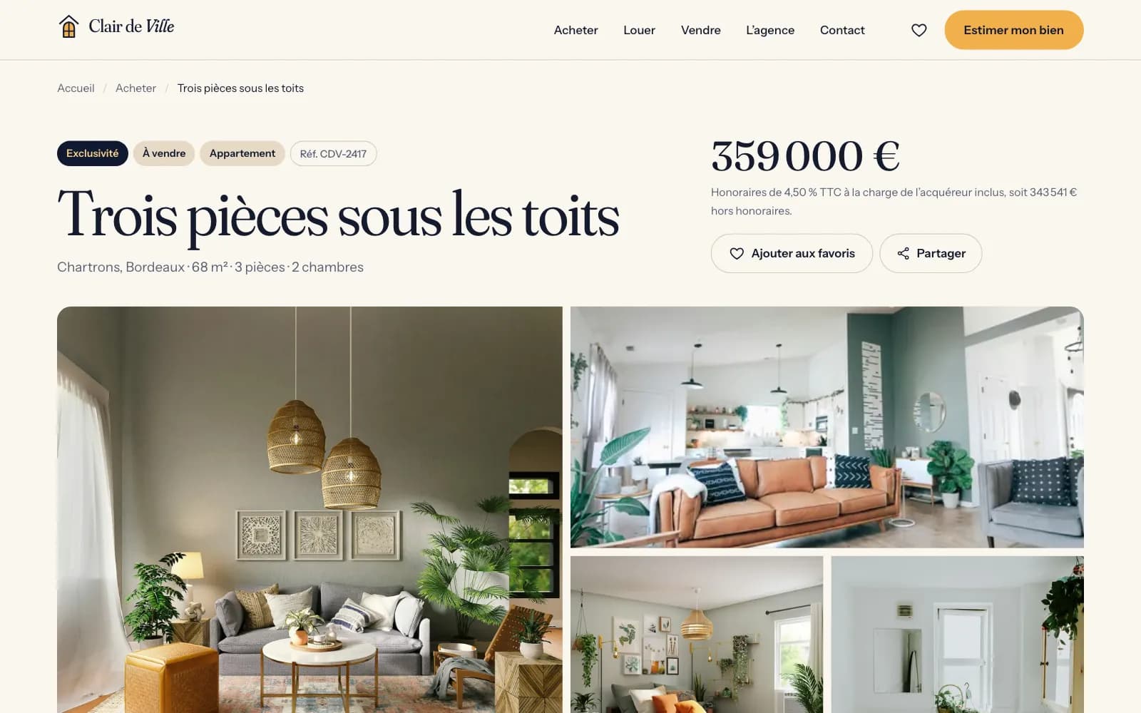Une fiche du site de démonstration Clair de Ville : « Trois pièces sous les toits », son prix et sa galerie de photos.