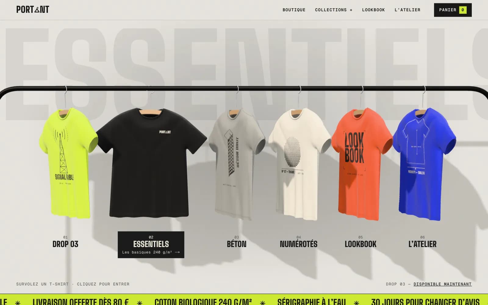 Accueil du site de démonstration PORTANT : six t-shirts sur un portant en 3D, celui des Essentiels tourné de face.
