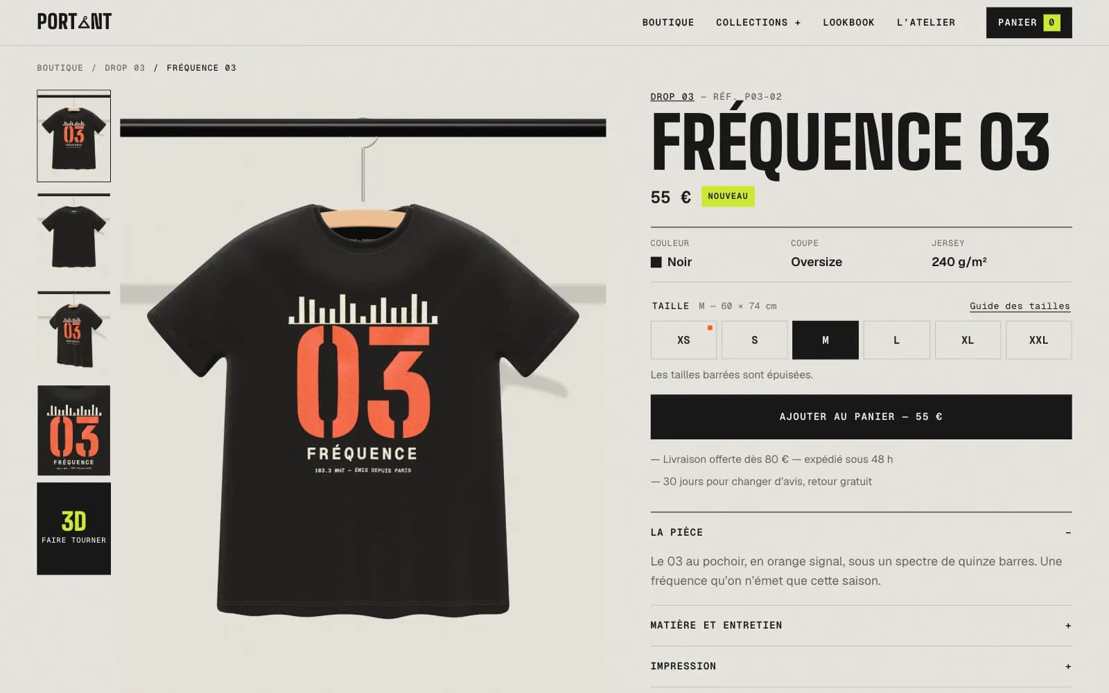 Fiche produit du site PORTANT : le t-shirt Fréquence 03, ses vues, le choix de taille et l’ajout au panier.